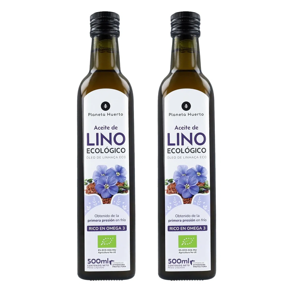 PLANETA HUERTO | Pack 2x Aceite de Lino Ecológico Prensado en Frío 500 ml, Fuente Natural de Omega 3 y Omega 6, 100% Puro, Sin Aditivos - Aceite de Lino Ideal para Ensaladas, Batidos y Dietas Veganas