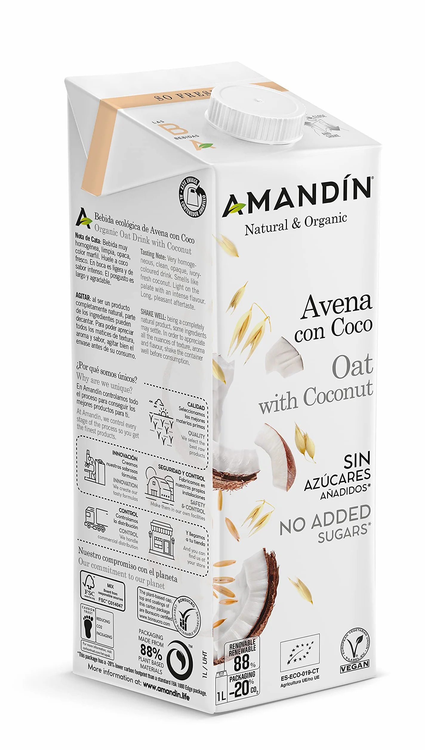 AMANDIN 400088 Bebida De Avena Con Coco - Paquete De 6 X 1000 Ml - Total: Ml, 6000 Mililitro, 6 Unidades