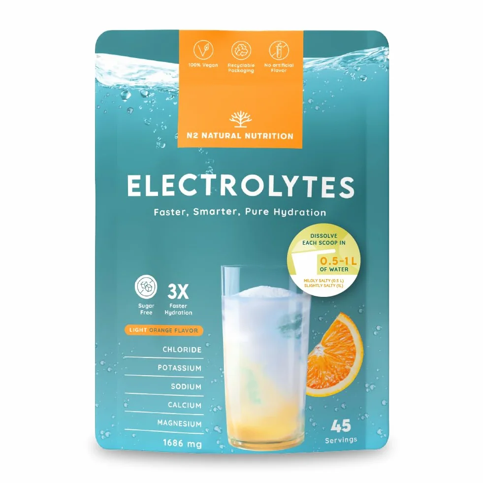 Electrolitos sin azúcar, 1686mg para 45 días de Hidratación. Bebida isótonica con Cloruro, Potasio, Sodio, Calcio y Magnesio. Deportivo, Energético, Vegano, Dieta Keto. N2 Natural Nutrition
