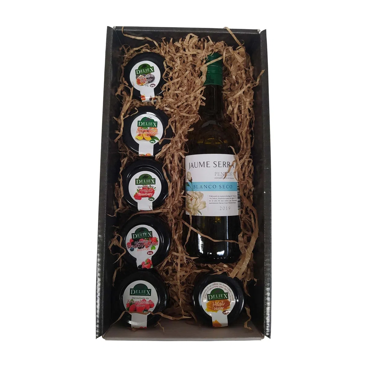 Cesta de Navidad para Regalo con Vino Blanco botellín 18,7 cl, tarros en Miniaturas de 30 g de Mermeladas de Frambuesa, Higo, Fresa, Melocotón y Frutos Rojos en un excelente Estuche para regalar.