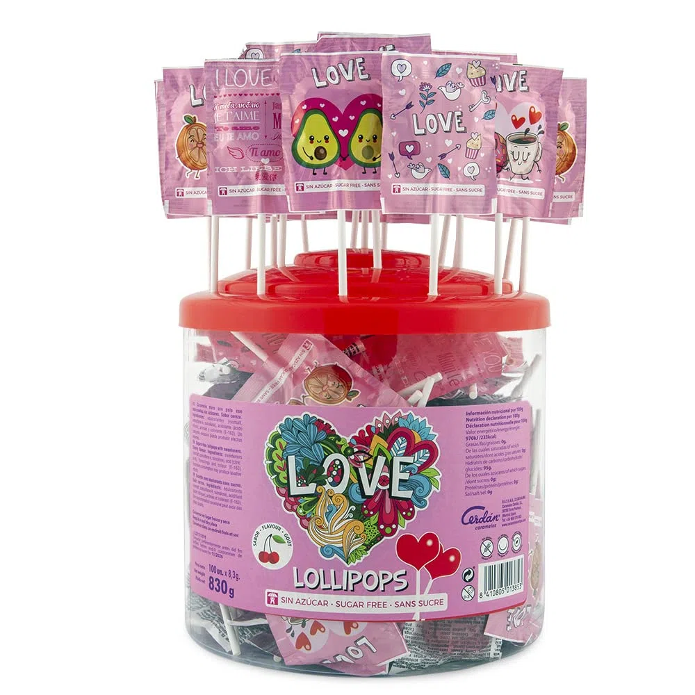 Caramelos Cerdán - Piruletas Corazón sin Azúcar Love Sabor Cereza | Tarro de 100 Unidades | Caramelo Duro con Palo Sin Gluten ni Alérgenos | Ideal para San Valentin y Cumpleaños