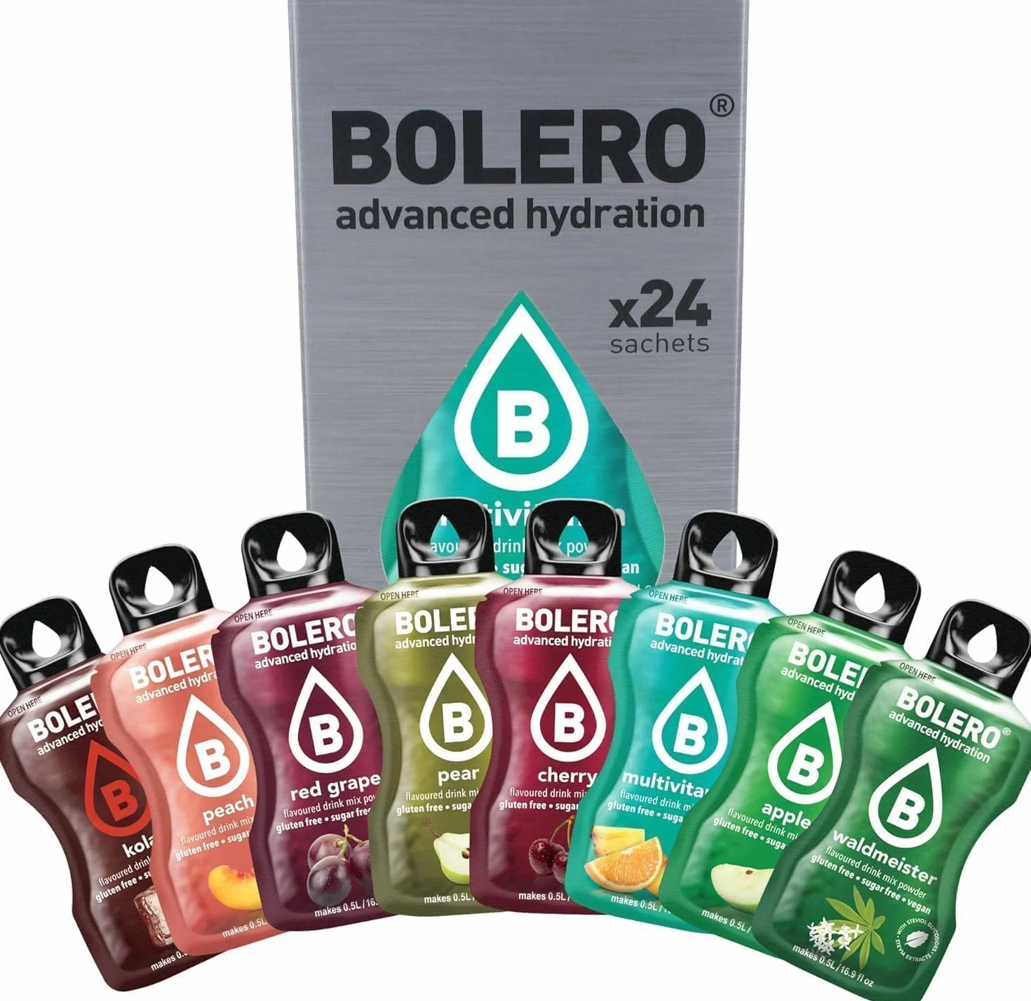 Bolero Mezcla de sabores clásicos | 24x3g I Erfrischendes Zuckerfreies Getränkepulver mit Stevia gesüßt | Vitamina C | für Diabetiker geeignet | eine Mischung aus exotischen Fruchtaromen