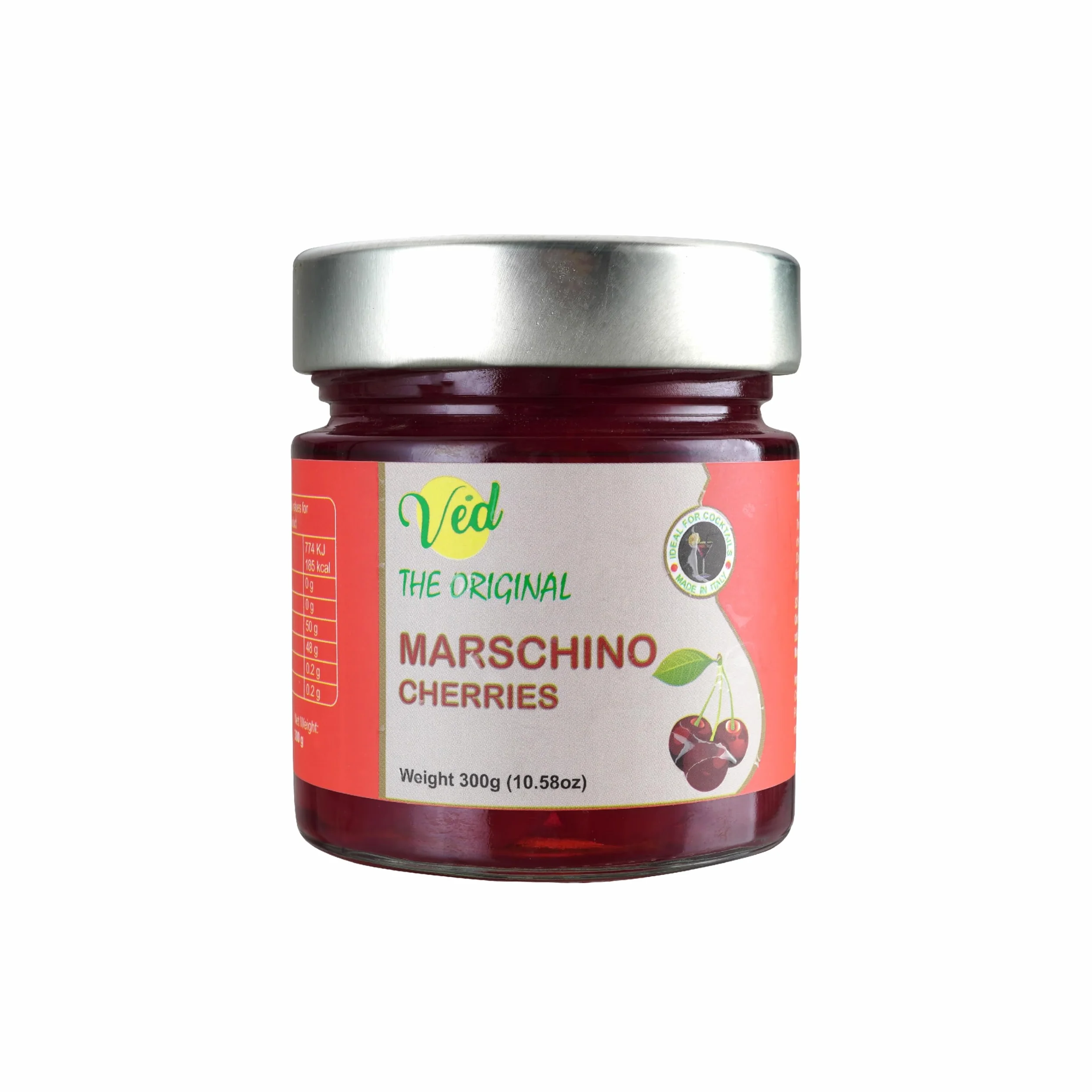 Ved Gourmet Original Red Maraschino Cherries Cereza italiana para cócteles a la antigua - Cóctel vegano, cerezas Bourbon en almíbar natural para cobertura de cóctel, 300 g