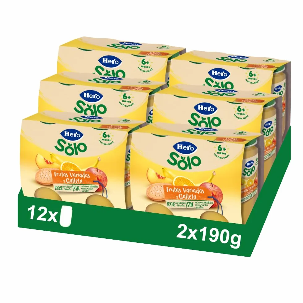 Hero Baby Tarrito Infantil Merienda Frutas Variadas y Galleta, Sin Aceite Palma, Sin Azúcar, 6 Pack 2x190g